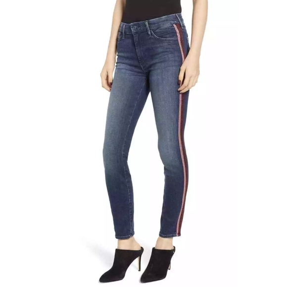 Mother High Waisted The Looker Here Kitty Kitty Glitter Racer Skinny Jeans - Picture 1 of 14